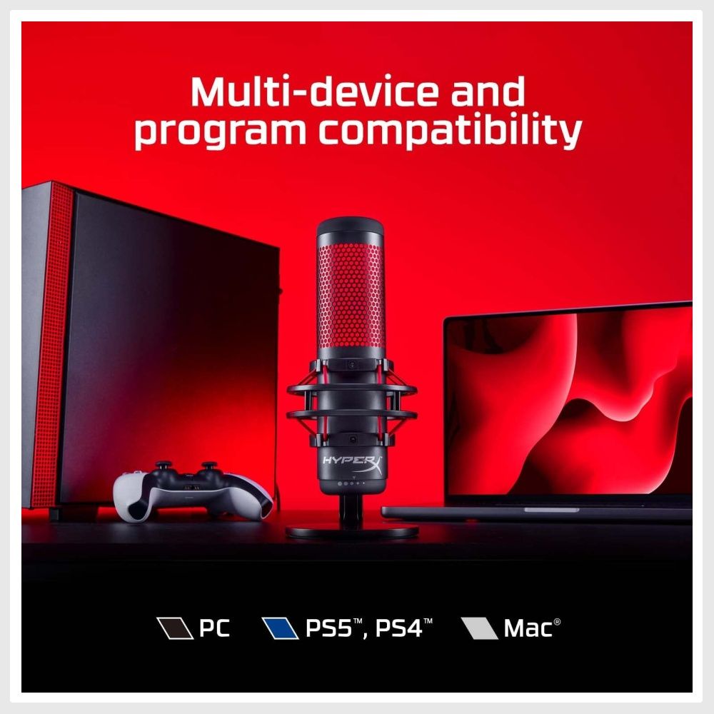  HyperX QuadCast - USB Condenser Gaming Microphone, for PC, PS4,  PS5 and Mac, Anti-Vibration Shock Mount, Four Polar Patterns, Pop Filter,  Gain Control, Podcasts, Twitch, , Discord, Red LED