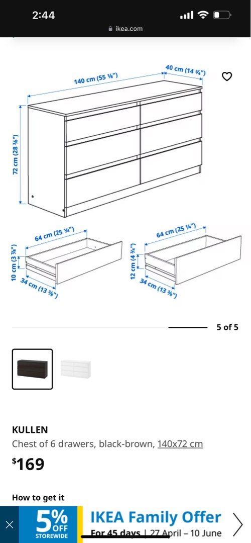 IKEA KULLEN Chest of 6 drawers, blackbrown, 140x72 cm, Furniture & Home Living, Furniture