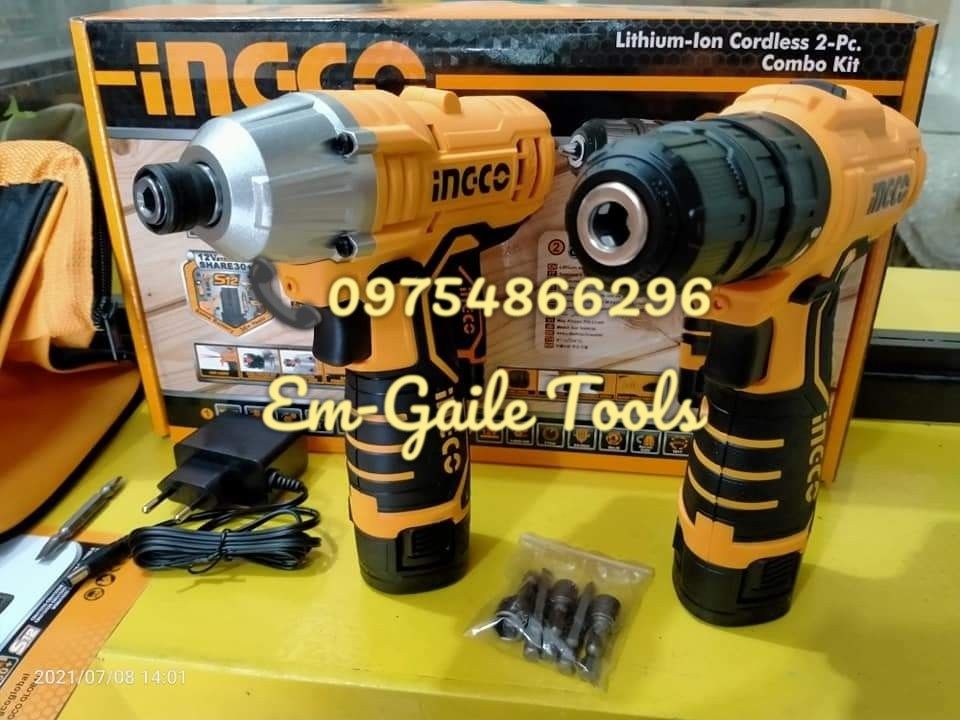 INGCO Li-Ion Cordless 2pc Combo Kit (Impact Driver & Impact Drill) (Category: Construction Tools & Equipment) located in Caloocan City. Submitted by emgaile (Listing ID 1233630619, Image 1). Description: INGCO Lithium-Ion Cordless 2pc Combo Kit (Impact Driver & Impact Drill) MODEL : CKLI1201❗ ₱4,600.00❗ SPECIFICATION: Impact Diver: Voltage: 12V No-Load Speed: 0-2000rpm Rated Impact: 0-2600IPM Max. Torque Force: 100NM Charge Volts: 220-240V~50/60H