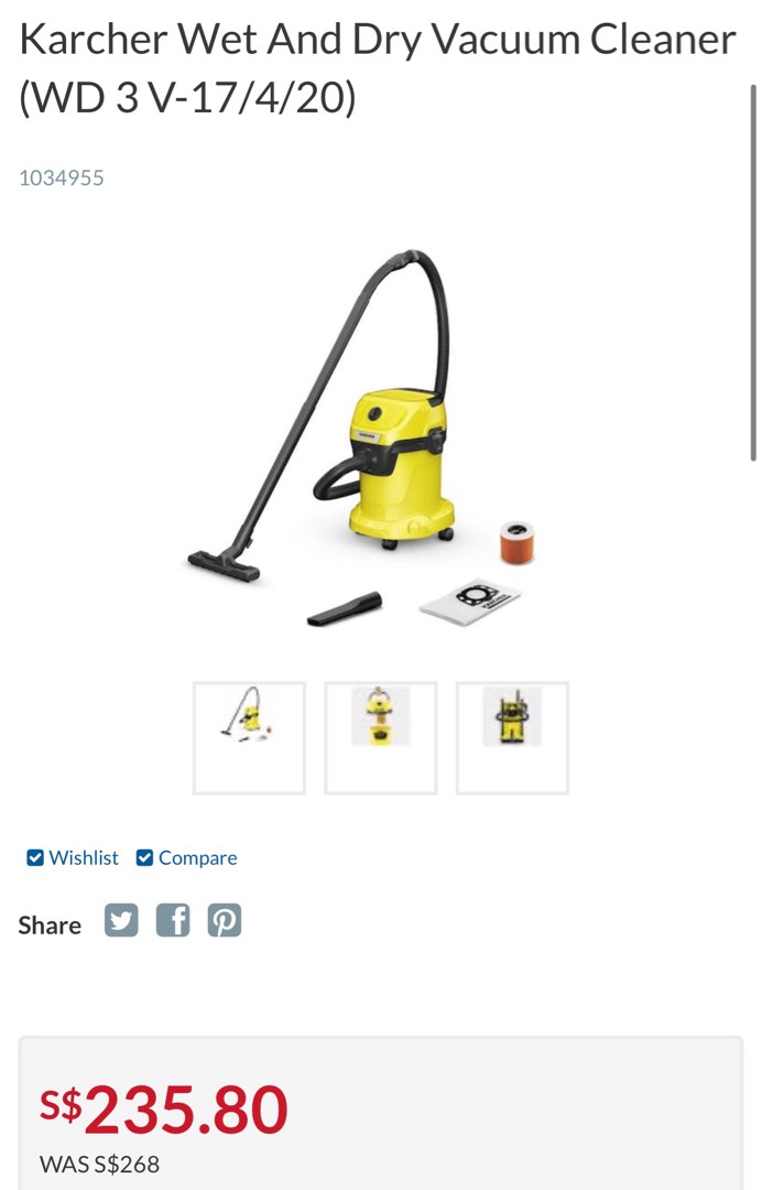 Karcher Vacuum Cleaner WD3, TV & Home Appliances, Vacuum Cleaner