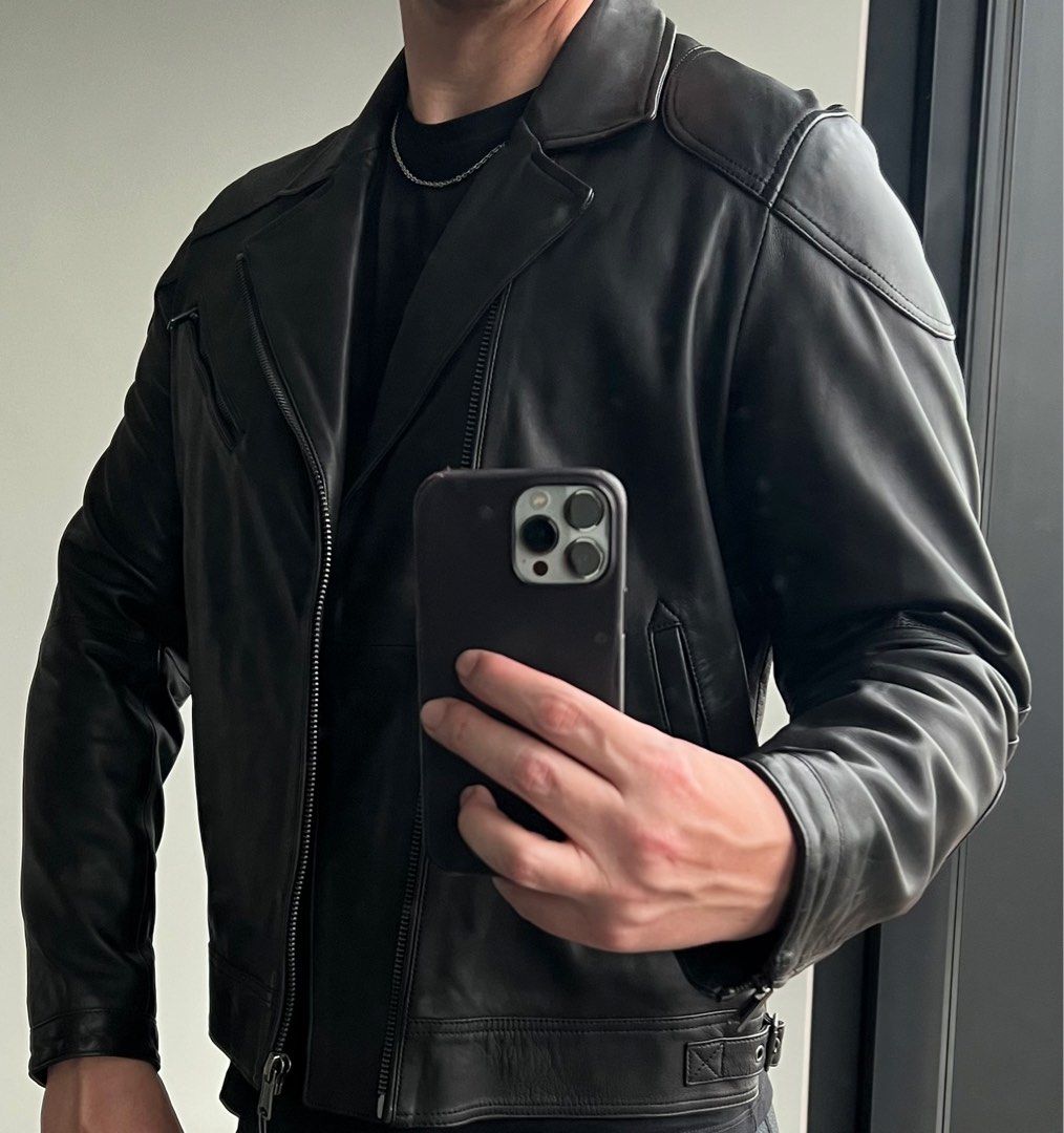 Mango Man black genuine leather biker jacket for men men s zipped jacket parka size L RRP S499.90 Men s Fashion Coats Jackets and Outerwear on Carousell