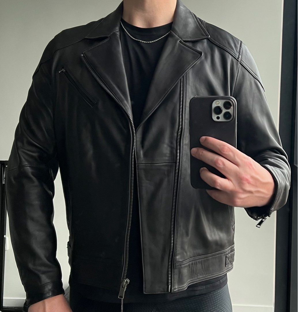 Mango Man black genuine leather biker jacket for men men s zipped jacket parka size L RRP S499.90