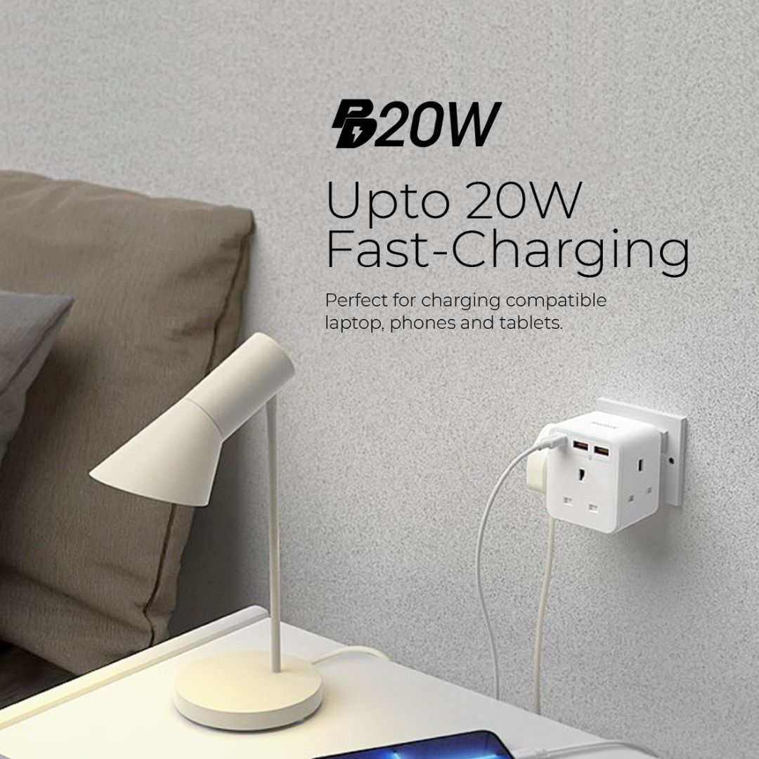 Mazer M-HOME-CUBE20UK CubePlug with 3 sockets + 2A1C PD20W Wall Plugs ...