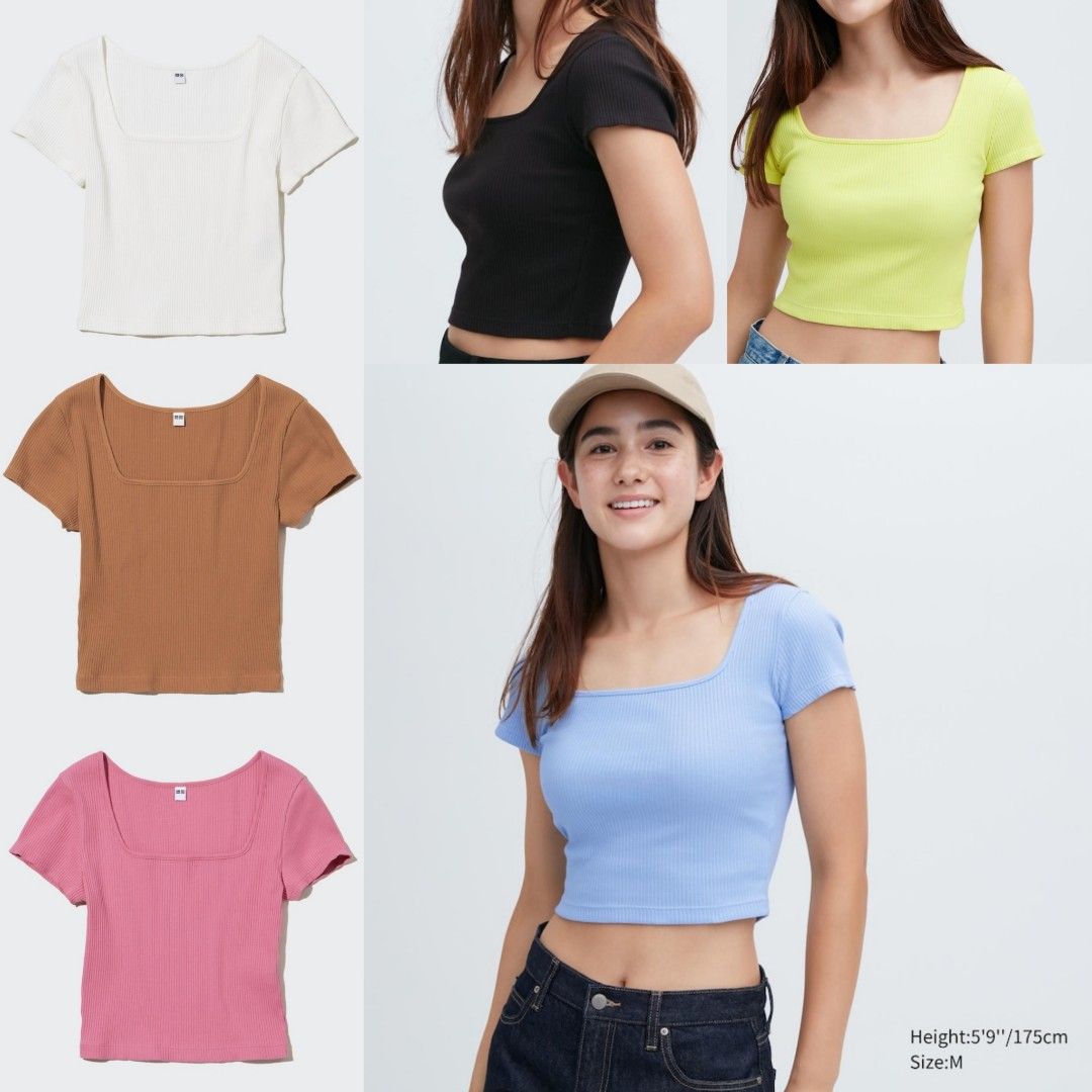 PO) UNIQLO Ribbed Square Neck Short Sleeve Crop Top (6 colours), Women's  Fashion, Tops, Shirts on Carousell