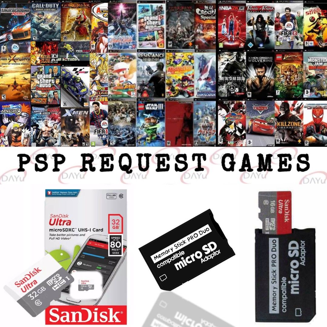 PSP SD Card with Games (Category: PlayStation) located in Quezon City. Submitted by flybuy.22 (Listing ID 1233659838, Image 2). Description: PSP SD Card with Games 16gb - ₱600 32gb - ₱800 64gb -₱ 1000 🎮 Games: GTA NBA Tekken God of War Need for Speed The 3rd Birthday Metal Slug Dantes Inferno Final Fantasy Etc. Request Games Accepted Message me for more information.