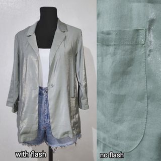sage green shimmery light blazer pastel button cardigan lightweight glittery jacket
