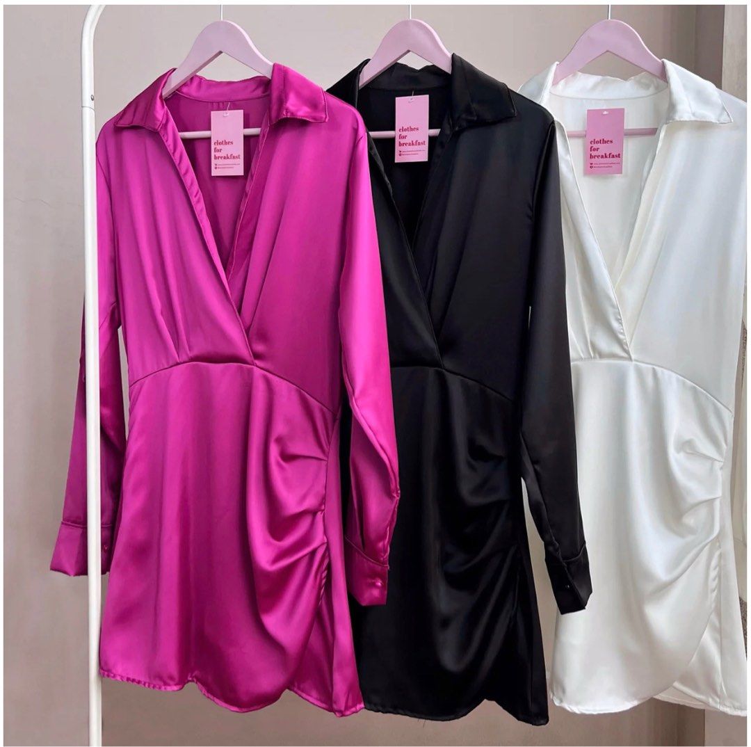 Satin Dress (Category: Dresses) located in Batangas. Submitted by jdb0905 (Listing ID 1233630896, Image 2). Description: Brand new‼️ RFS: Too big for me Brand: Clothes For Breakfast Material: High quality satin fabric Size: One size Recommended for frames: SMALL (will be loose on petite frames) to MEDIUM Dimensions when laid flat: length: 33” shoulder width: 16.5” armpit to armpit: 18” (fits up to 35” bust) sleeve length: 24.5” waist: 14” (fits u