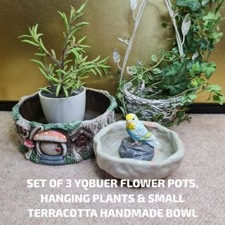 SET OF 3 YQBUER FLOWER POTS, HANGING PLANTS & SMALL TERRACOTTA HANDMADE BOWL