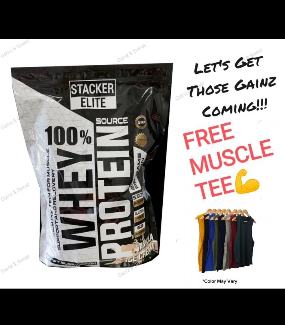 Stacker Elite Whey Protein 5lbs w/ FREE Muscle Tee, Health & Nutrition