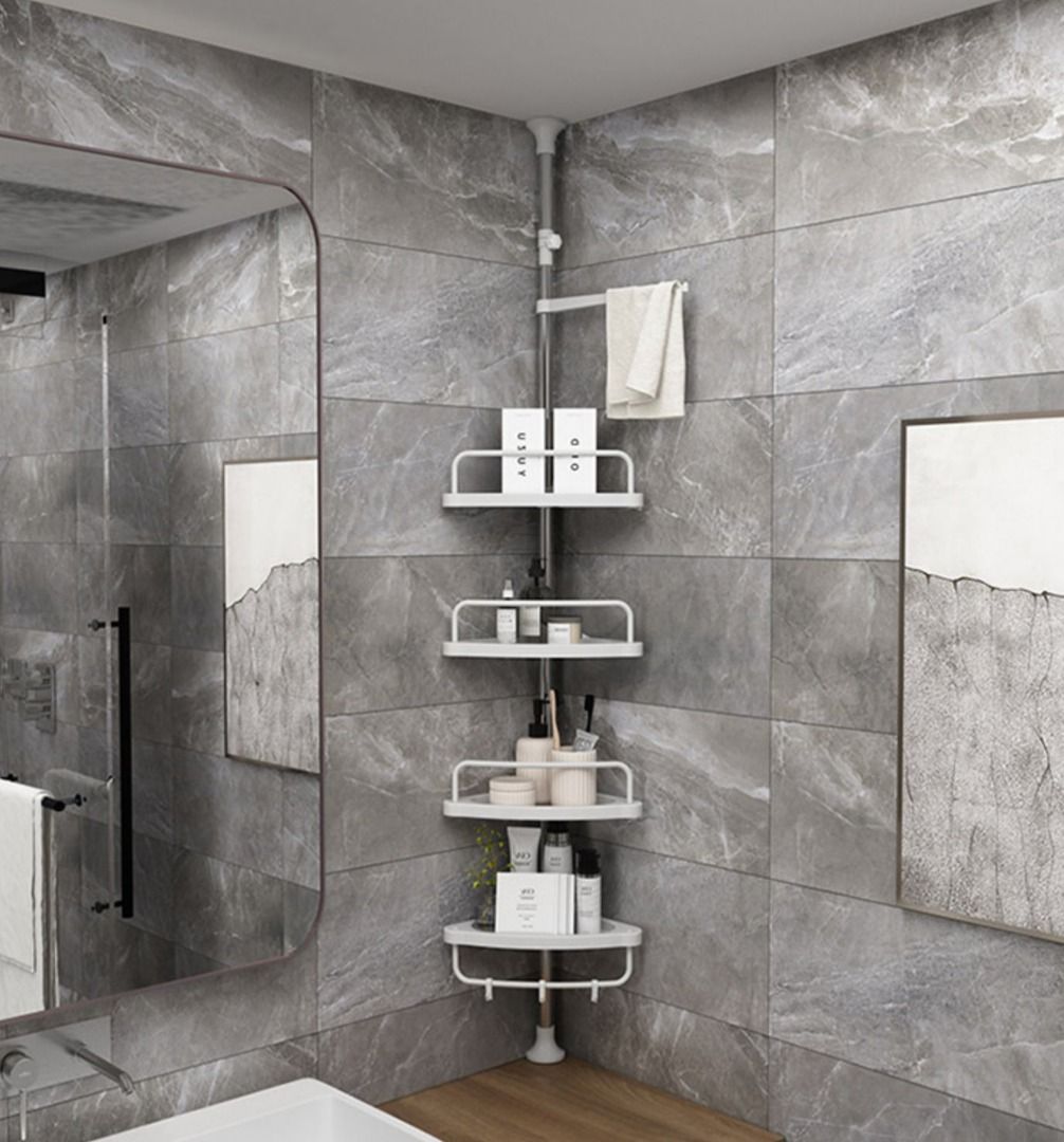 頂天立地角位置物架+毛巾架-可放廁紙雜物廁所用品雜物架白色櫃慳位洗頭水慳位(T2550)., 傢俬＆家居, 其他, 收納箱及袋-