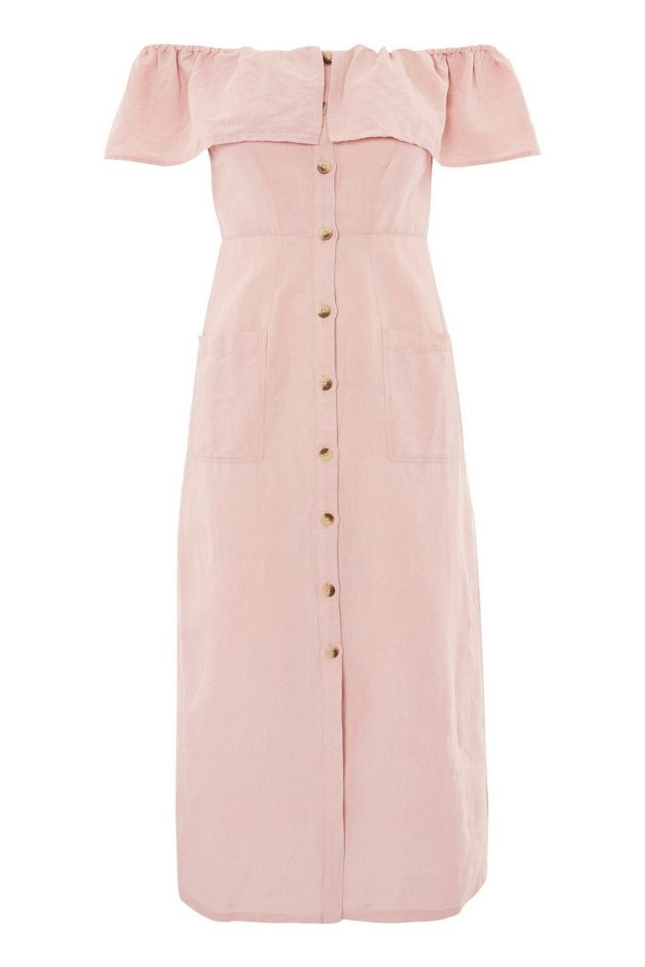 topshop pink bardot dress TOPSHOP Linen Bardot Midi Dress UK10, Women's Fashion, Dresses & Sets,  Dresses on Carousell