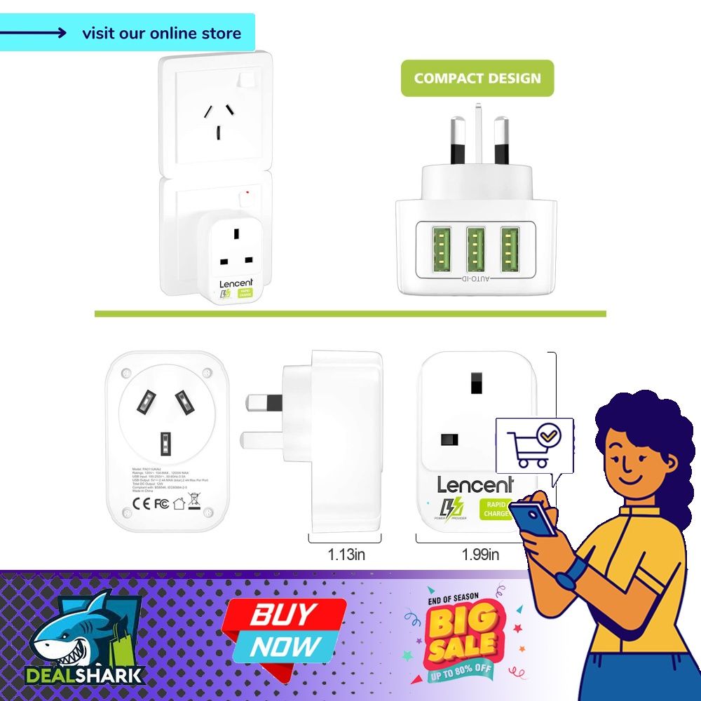UK to Australia China Plug Adapter with 3 USB Ports, LENCENT Grounded