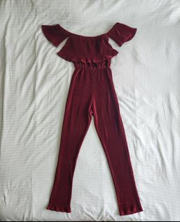 Wine Red Off Shoulder Rube Jumpsuit Romper