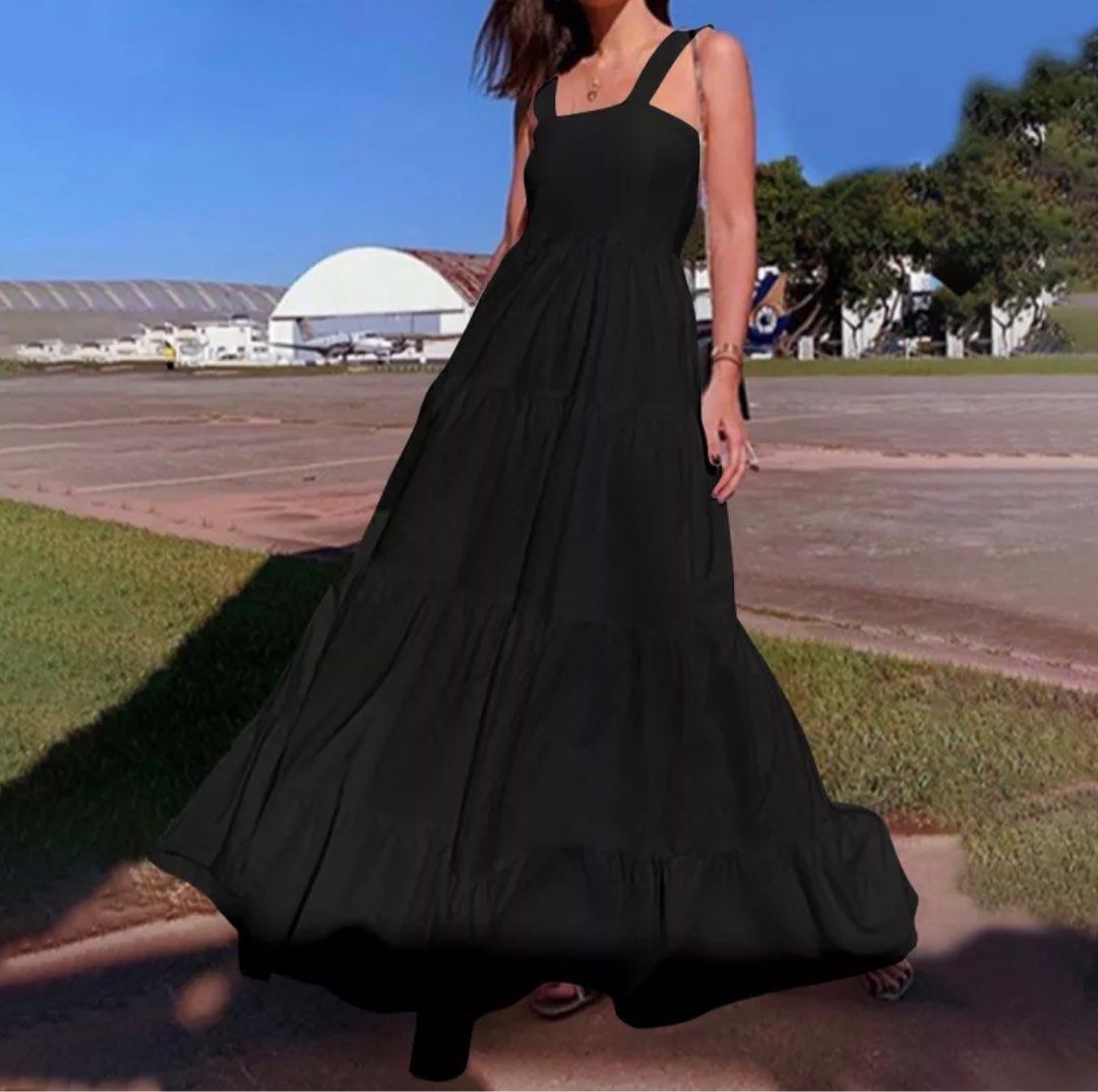 zanzea flared a-line maxi dress (black), women's fashion, dresses