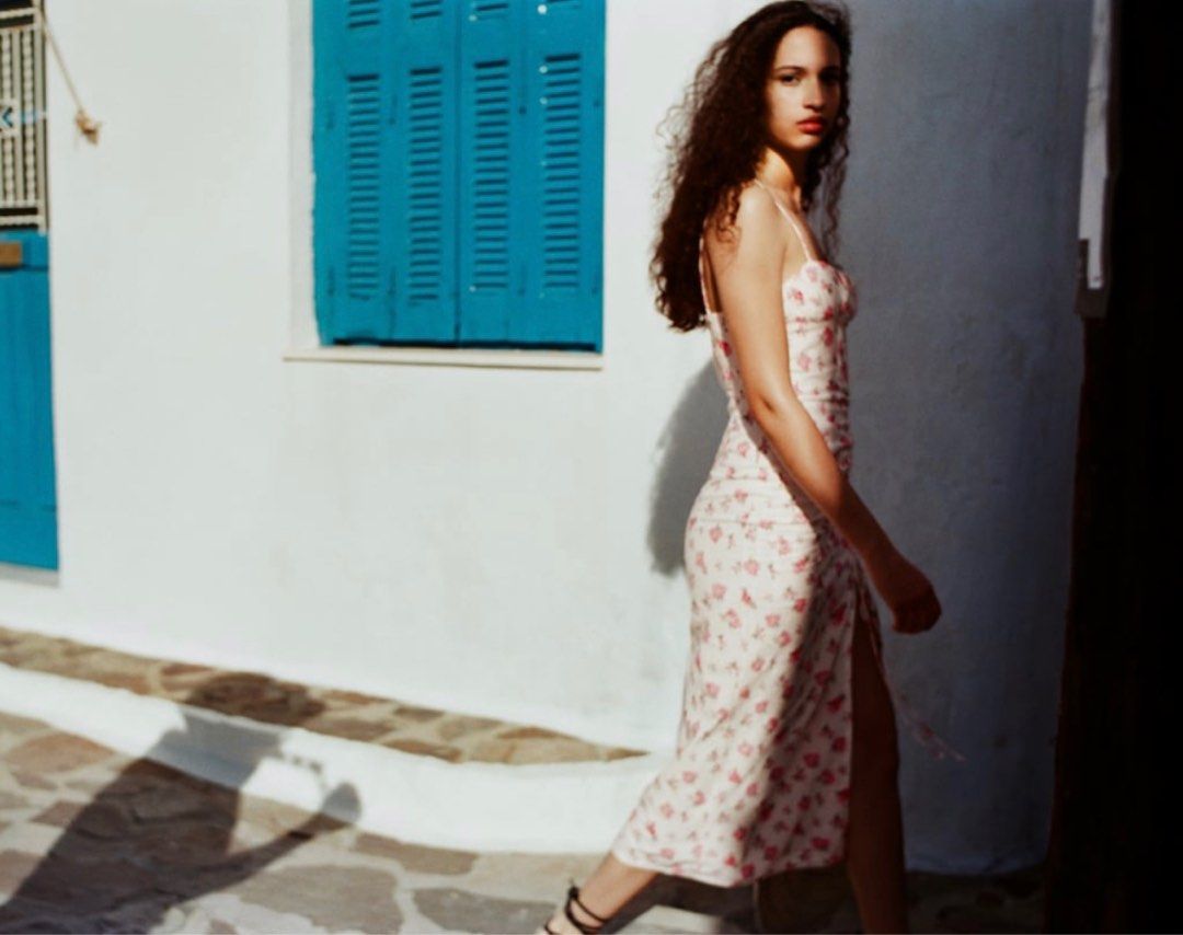 knee length dresses for ladies ZARA Green / White Floral Cotton / Linen Blend Dress UK XS