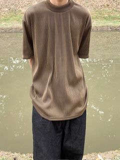 全新 深卡其色褐色咖啡色 氣質日系韓系 復古褶皺簡約純色條紋 半高領短袖踢 T恤