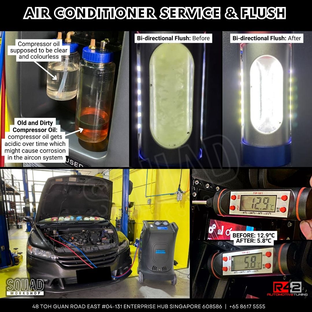 Air Con Service and Flush (Category: Car Workshops & Services) located in Singapore. Submitted by squadworkshop (Listing ID 1006119430, Image 1). Description: *Aircon service and flush is S$118 nett includes:* 💙 Bidirectional flushing 30 minutes. *Most important step* ❤️ Extract old compressor oil & refrigerant. 💜 Create vacuum pressure in system to remove moisture and test for possible leaks 💛 Change valves if leaks spotted and will inform ow