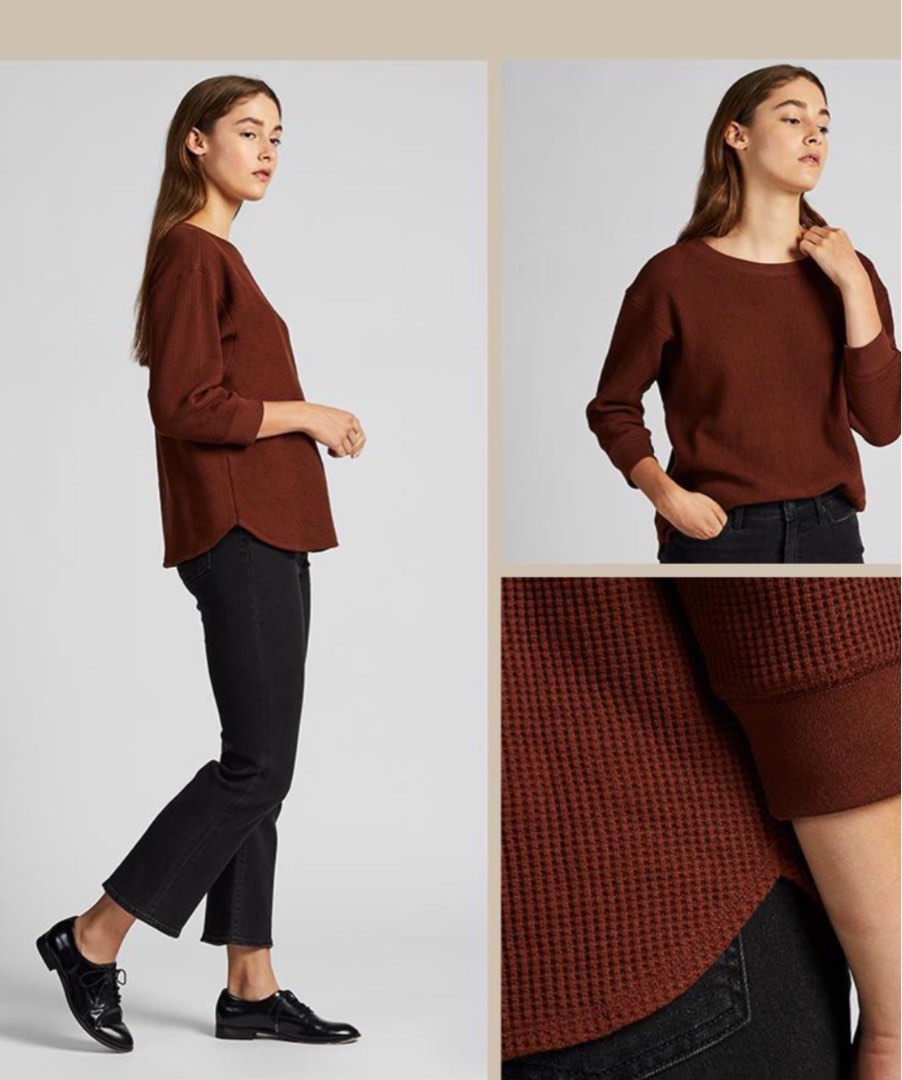 ANN3012: uniqlo S size 3/4 sleeve dark brown waffle shirt, Women's Fashion,  Tops, Shirts on Carousell