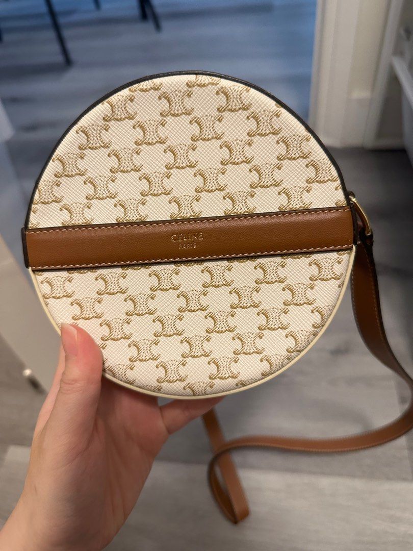 Round purse on strap in triomphe canvas and lambskin hot sale