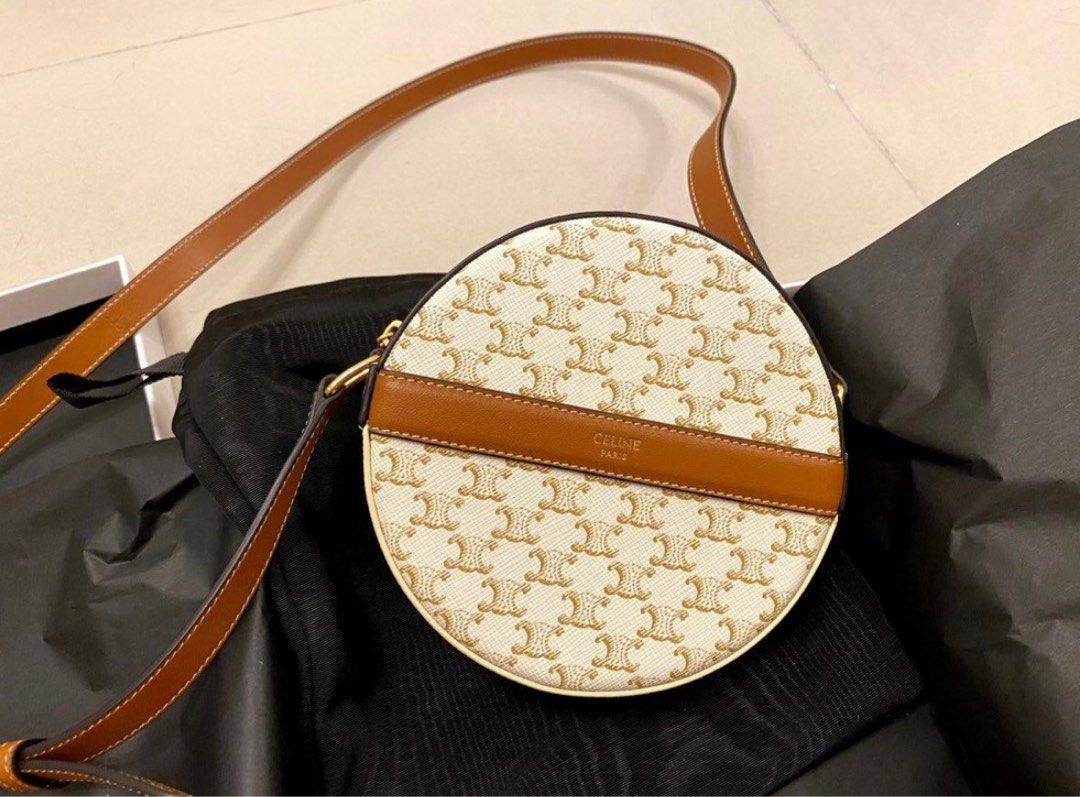 Round purse on strap in triomphe canvas and lambskin best sale