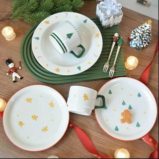 Christmas Ceramic Tableware Pine Tree Snowman Dinner Plate 12inch Deep Serving Plate Coffee Cup