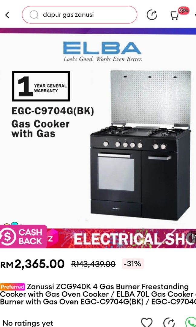 Elba Freestanding gas stove with gas ove, TV & Home Appliances, Kitchen