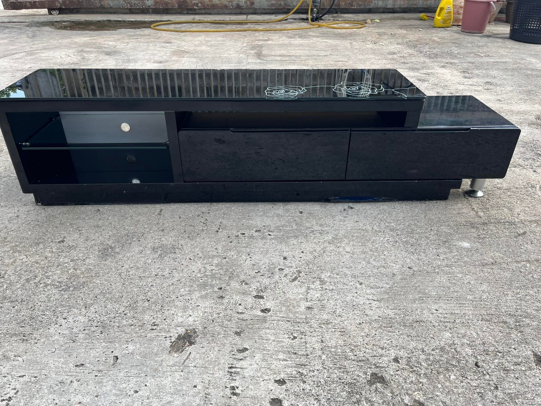 Extendable Glass Top TV Rack Console Drawer Rack Shelves Gloss