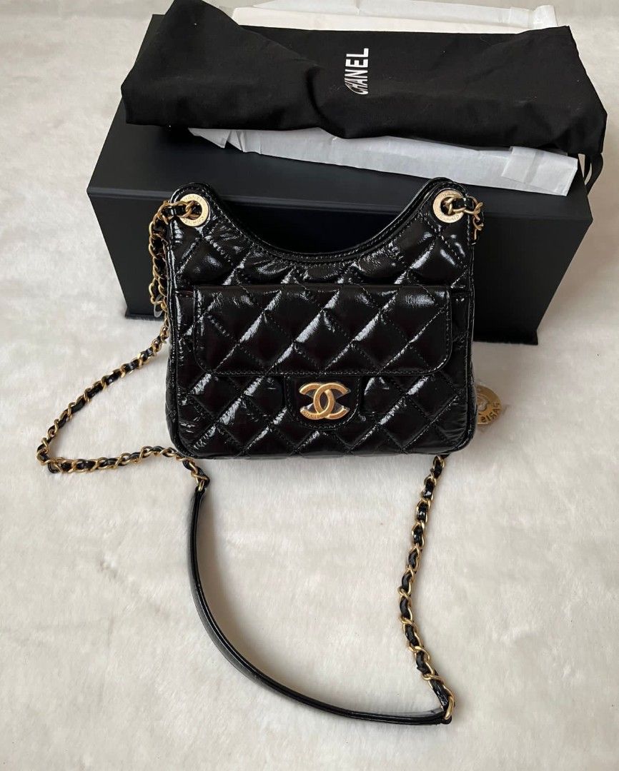Fast Sale, Like New - ( Worn 1x ), Chanel Small Hobo Bag Black Shiny  Crumpled Calfskin Ghw - Chip, sz 19 x 17 cm, With booklet, dustbag and box  - No