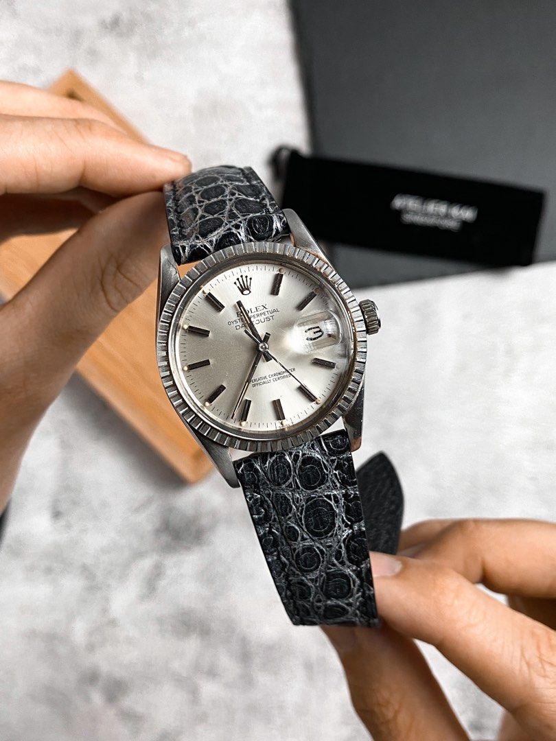 Handmade Black Silver Vintage Steel Alligator Flank Leather Watch