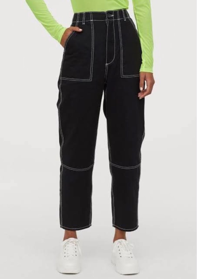 H M Contrast Stitch Black Cargo Pants Women s Fashion Bottoms