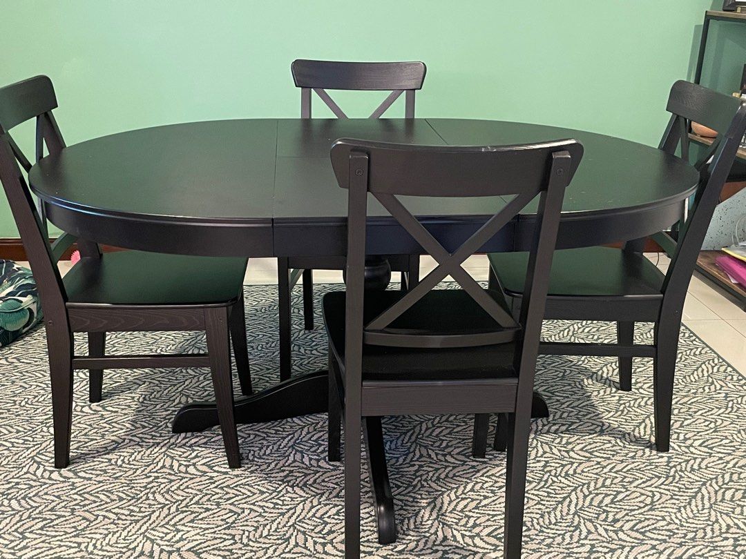 Ikea extendable dining table and 4 chairs black, Furniture & Home