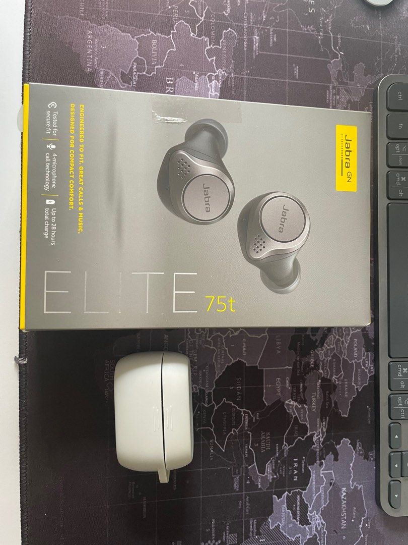 Jabra Elite 75T (Category: Earphones) located in Pasig City. Submitted by karrenaguas (Listing ID 1233881033, Image 1). Description: Autopass on lowballers READ below: Titanium Black Noise cancellation feature Bought 2020 Inclusions: Unit with box Unused accessories Unused USB cord charger Silicone case.
