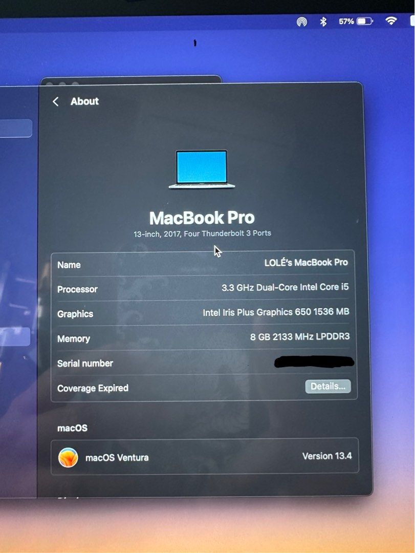 Macbook Pro 13 inch 2017 Four Thunderbolt 3 Ports TouchBar