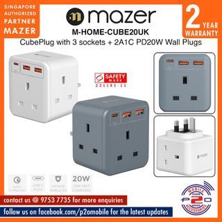 Mazer M-HOME-CUBE20UK CubePlug with 3 sockets + 2A1C PD20W Wall Plugs