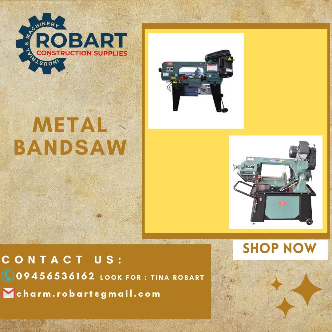 METAL BANDSAW (Category: Construction Tools & Equipment) located in Manila. Submitted by tina.sales (Listing ID 1233778070, Image 1). Description: METAL BANDSAW MODEL PMBS 110 POWER/VOLTAGE 420W | 220V/60Hz ROUND CUTTING CAPACITY 20° 110 mm | @ 45° 73 mm SQUARE CUTTING CAPACITY @ 0° 110 mm | @ 45° 73 mm RECTANGLE CUTTING CAPACITY @ 0° 110x150 mm | @ 45° 73x110 mm BLADE SIZE 1,638x12.5x0.64mm BLADE SPEED 20/29/50 m/min. CUTTING ANGLE 450 L-00 NET 