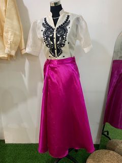 Modern Filipiniana Women’s Barong Top Puff Sleeves & Magenta Silk Satin Skirt