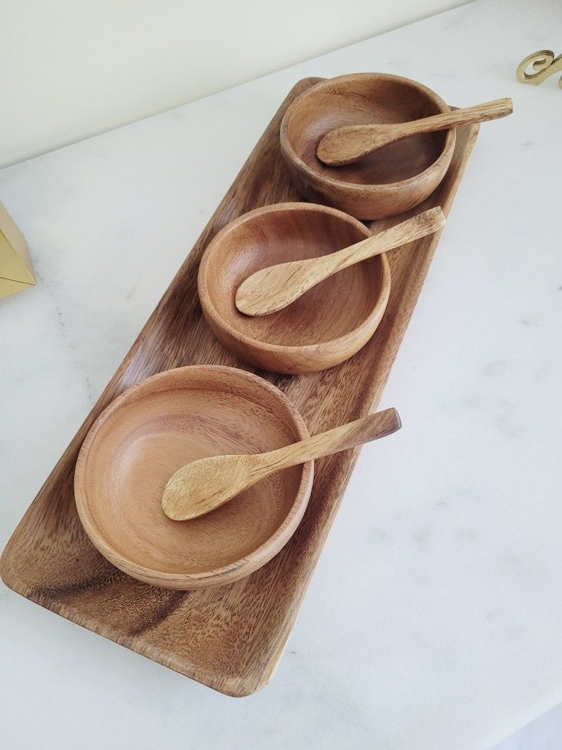 Teak wood serving tray with bowls and spoons, Furniture & Home Living