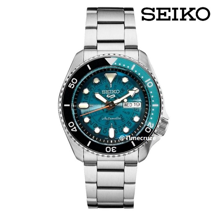 Time Cruze NEW Seiko 5 Sports SRPJ45 Blue Skeleton Style Transparent Dial Arabic Day Wheel Stainless Steel Men Watch SRPJ45K1
