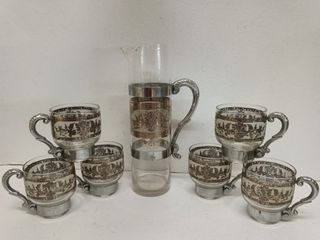 Vintage Antique Russian Silver Dragon Design Tall Etched Glass for Hot Tea 7-Piece Set