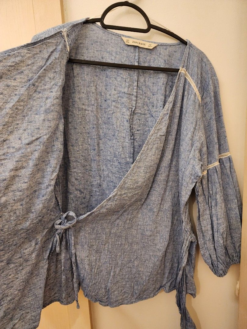 Zara Overlap Longsleeves Blouse with Tassels (Category: Blouses) located in Pasig City. Submitted by pepperoo (Listing ID 1233803420, Image 2). Description: Zara Overlap Longsleeves Blouse with Tassels Brand New Bought in Spain Color: Blue Size: L.