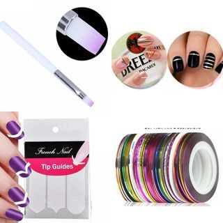 6pcs Nail Art Tools bundle (french tip sticker, nail art brush, stripping tape line)