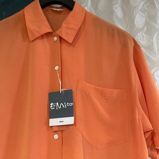 日系老庫存柔軟素面太陽橘寬版短袖襯衫