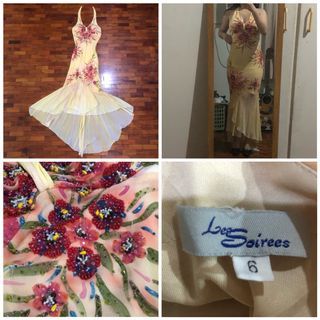 ☻ LES SOIREES Prettiest Halter V-neck Sleeveless Cowl Low-back Bias Cut Mermaid Beaded Embroidered Floral Maxi Dress Gown w Train in Orange Yellow Sunset 🌅 Color | Vintage Retro Y2K Party Cocktail Formal Fairy Fairycore Beach ☻