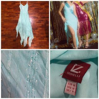 ☻ MINELLI Prettiest V-neck Sleeveless Strappy Bias Cut Mermaid Beaded Embroidered Midi Maxi Dress Gown w Hankerchief Asymmetric Hem in Turquoise | Vintage Retro Y2K Party Cocktail Formal Fairy Fairycore Beach ☻