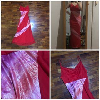 ☻ Prettiest Sunset 🌅 Red Cowl Neck Sleeveless Strappy Bias Cut Midi Maxi Dress Gown w Pink Watercolor Pattern | Vintage Retro Y2K Party Cocktail Formal Fairy Fairycore Beach ☻