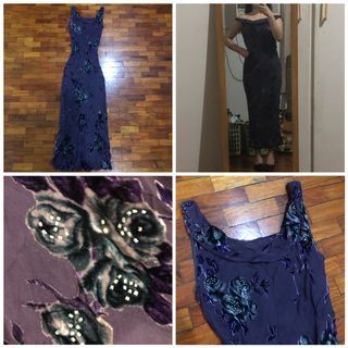 ☻ Prettiest Violet Cowl Neck Sleeveless Strappy Bias Cut Velour Beaded Embroidered Floral All Over Print Maxi Dress Gown | Vintage Retro Y2K Party Cocktail Formal Fairy Fairycore Beach ☻
