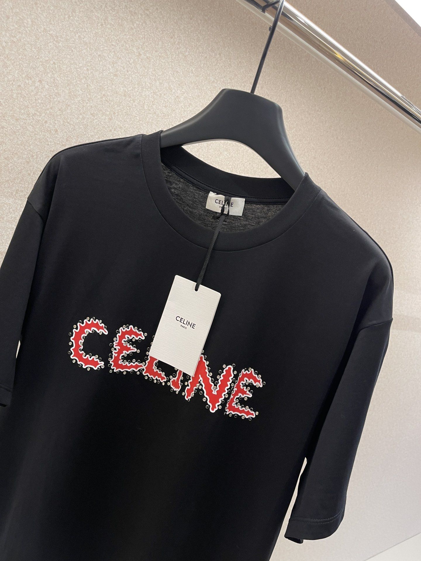 CELINE 750$ T-Shirt With Rhinestone-Studded Logo Print In White Cotton  Jersey