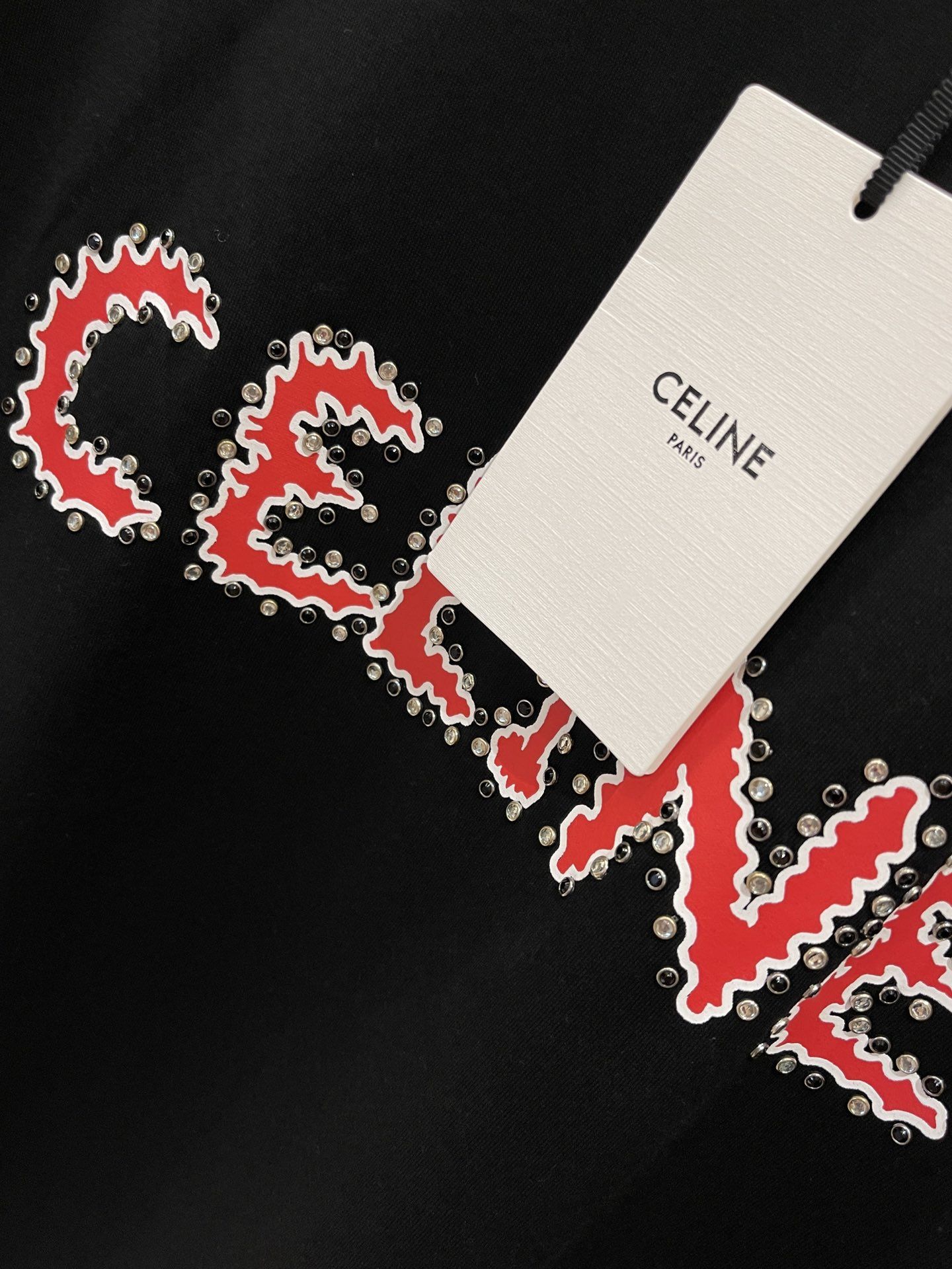 CELINE 750$ T-Shirt With Rhinestone-Studded Logo Print In White Cotton  Jersey