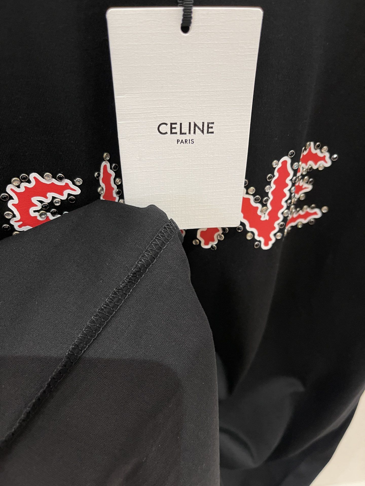 CELINE 750$ T-Shirt With Rhinestone-Studded Logo Print In White Cotton  Jersey