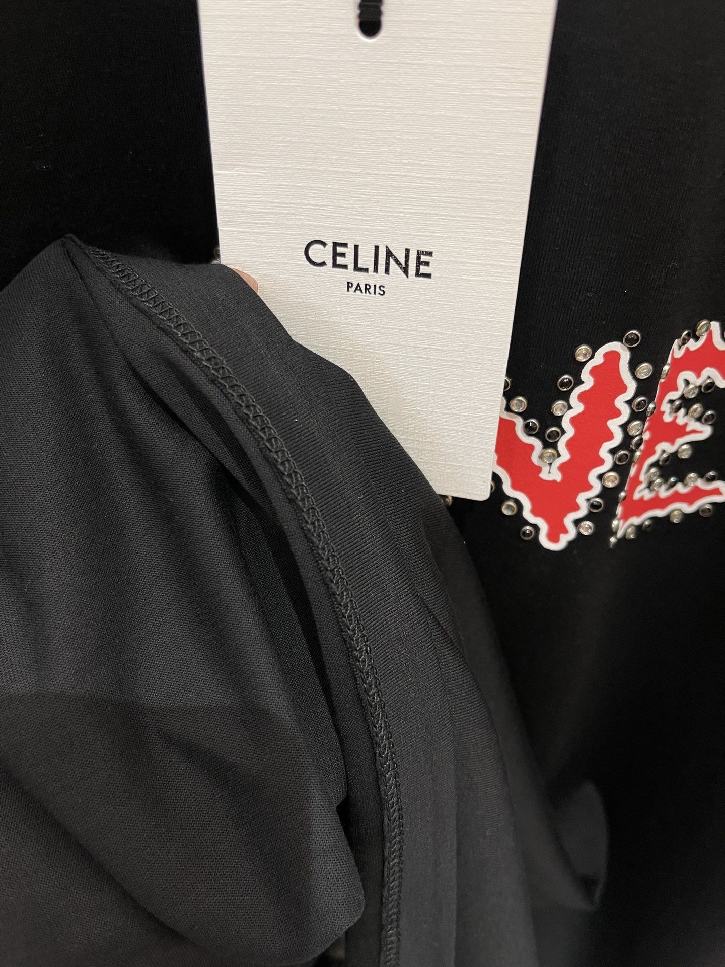 CELINE 750$ T-Shirt With Rhinestone-Studded Logo Print In White Cotton  Jersey